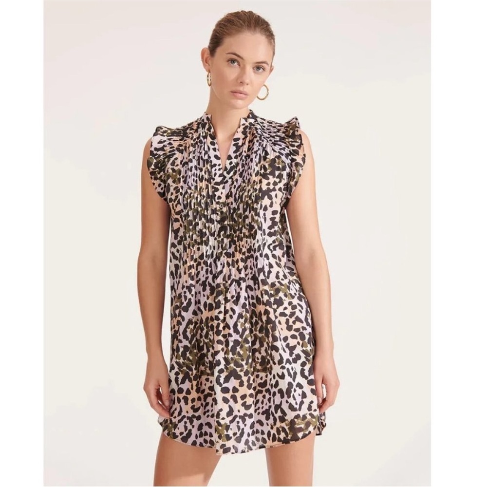 Veronica Beard Marieta Leopard Cover-Up Mini Dress Printed Pintuck Sz. Medium